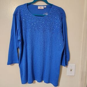 Quacker Factory Sequin 3/4 Sleeve Ribbed T-shirt  Deep Marine Blue 1X New